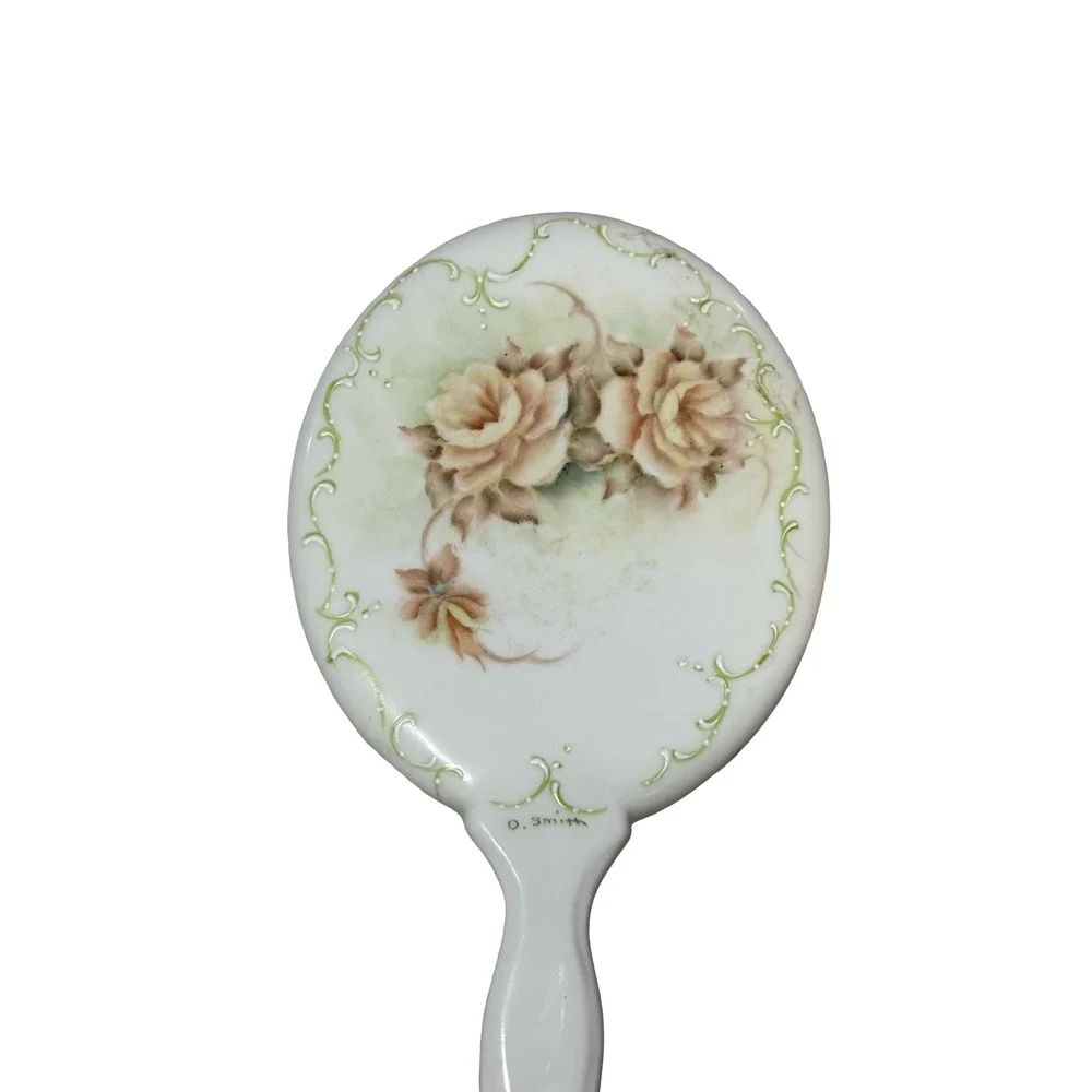 Vintage D. Smith Signed Hand Painted Ceramic Rose Floral Vanity Mirror White